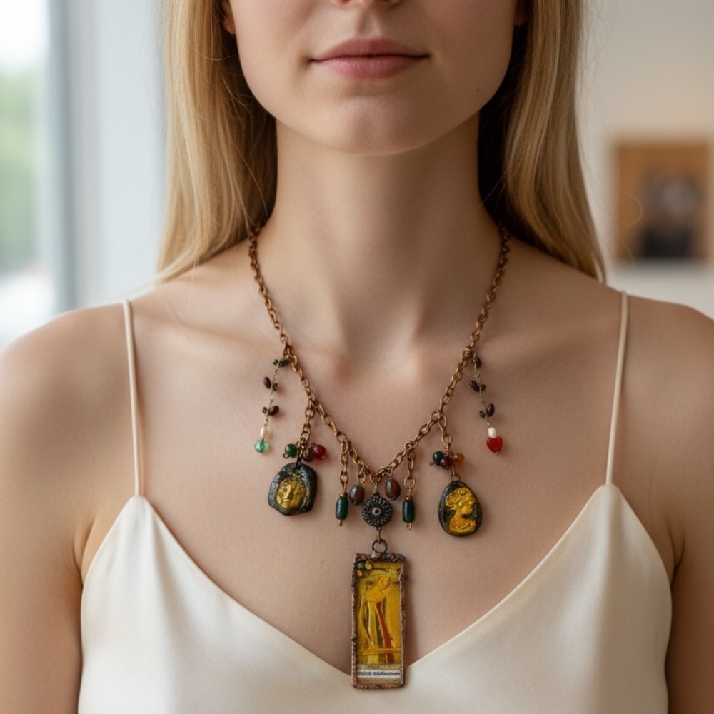 Tiny Art Glass Canvas Glass Pendant Copper Necklace 14th Cen. Italian Noblewoman - Picture 9 of 16
